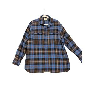 L.L.Bean Shirt Mens XL Blue Brown Plaid Flannel Button Front Casual Outdoor